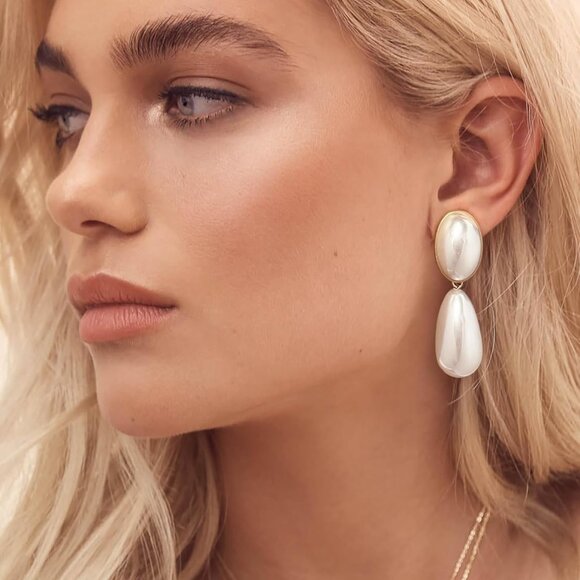 Pearl Drop Earrings Women Vintage Dangle Statement Gold Jewelry Large - Picture 3 of 7